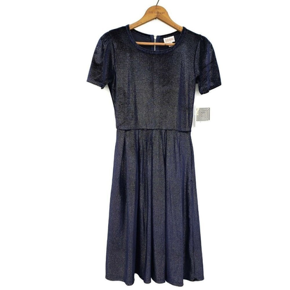 New Lularoe Amelia Dress Womens Small Blue Velvet Velour Silver Stripes
